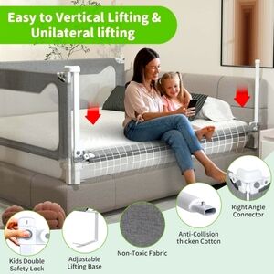 3-Piece Bed Rails for Toddlers w/Headboard Rod-Height Adjustable Baby Rail Guard